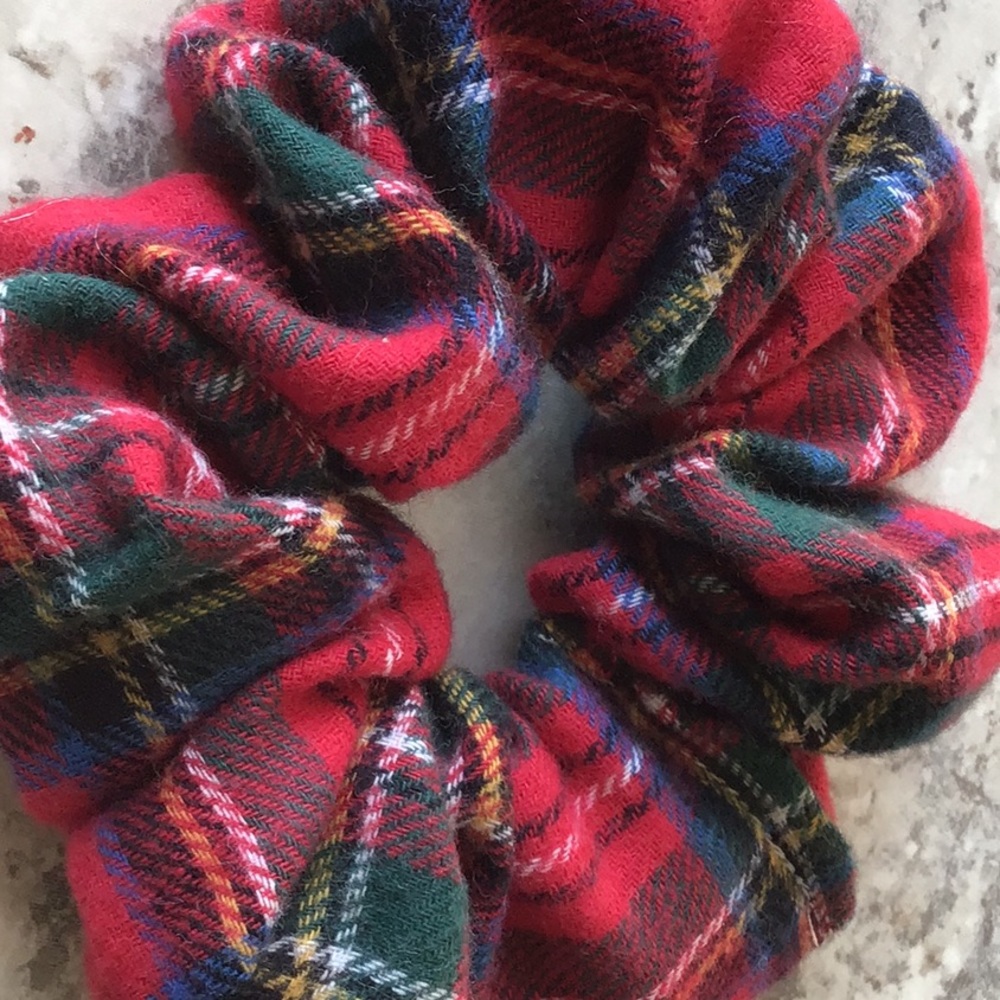 Red green tartan plaid Christmas flannel scrunchie